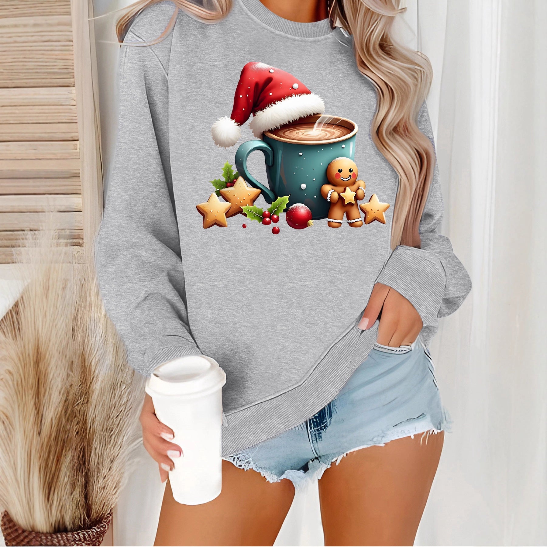 Christmas printed casual round neck long sleeved sweatshirt