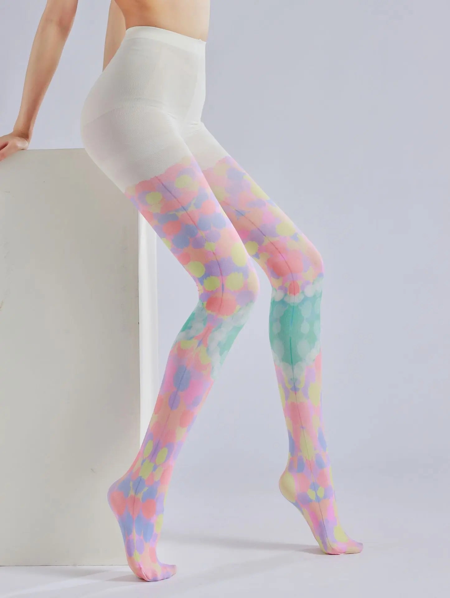 Color block stacked heart printed pantyhose with colorful patterns and sweet base socks