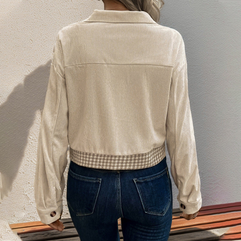 Flip collar short corduroy patchwork houndstooth women's jacket