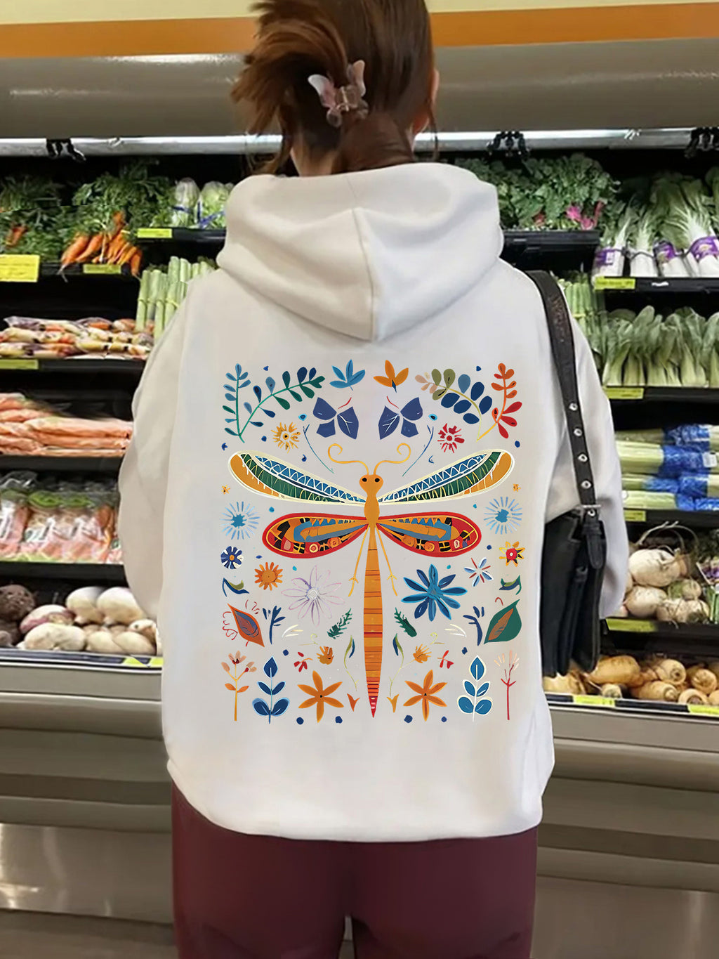 Top hoodie with dragonfly pattern print