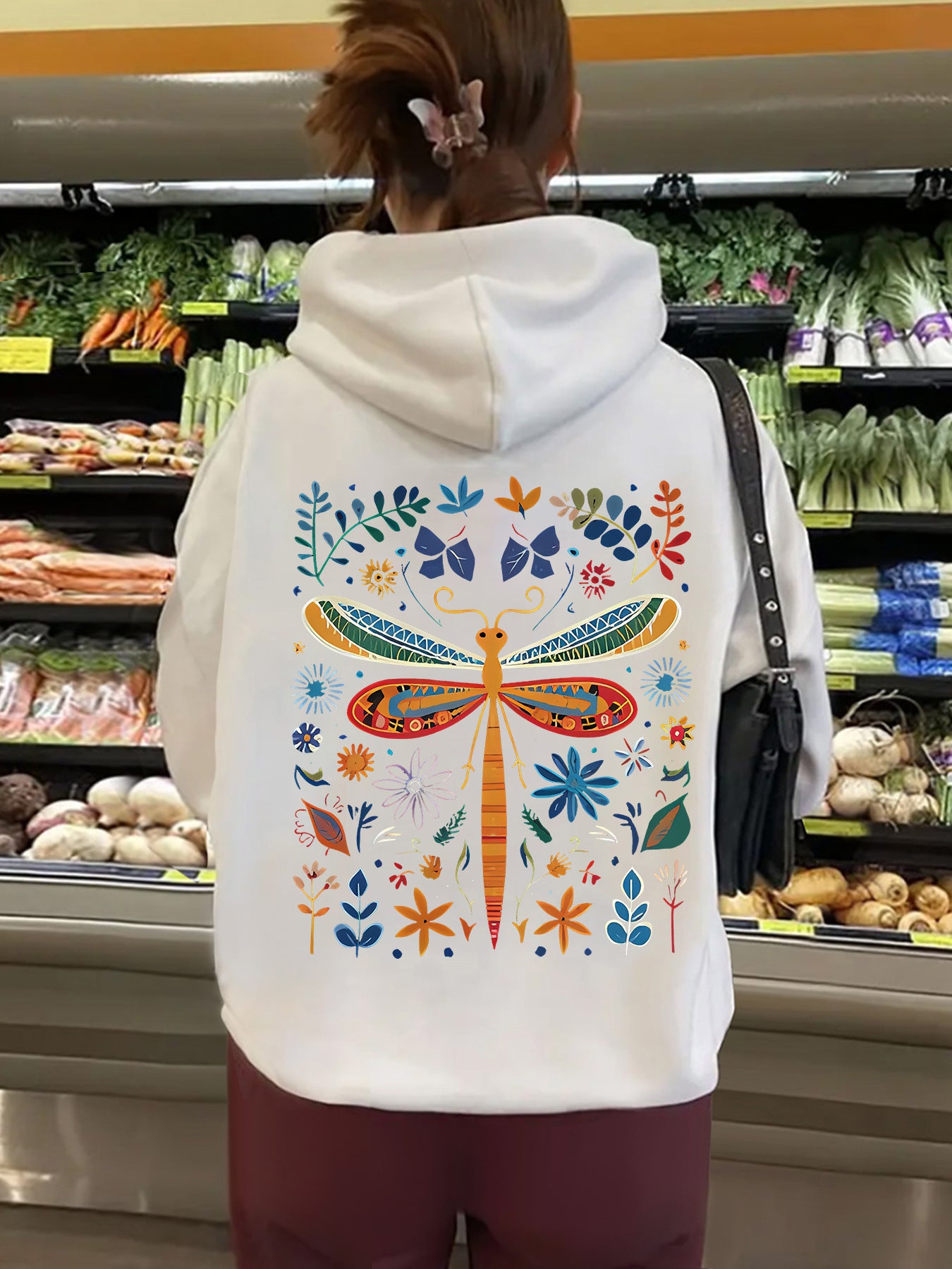 Top hoodie with dragonfly pattern print