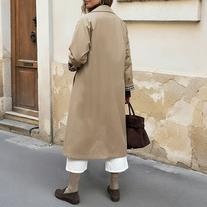 Extended plaid patchwork lapel windbreaker jacket for women