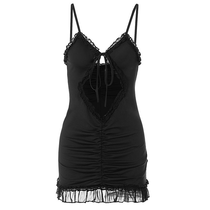 Black fungus edge hollow lace up dress