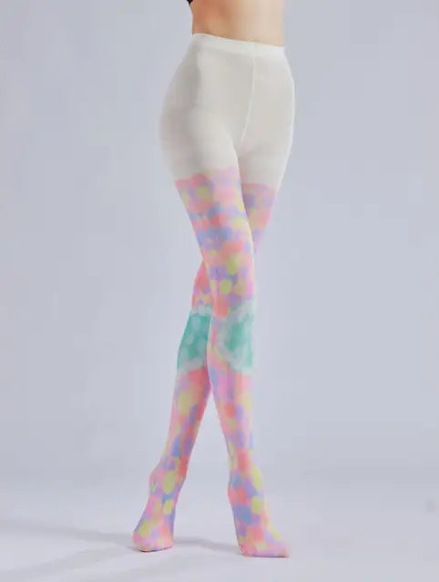 Color block stacked heart printed pantyhose with colorful patterns and sweet base socks
