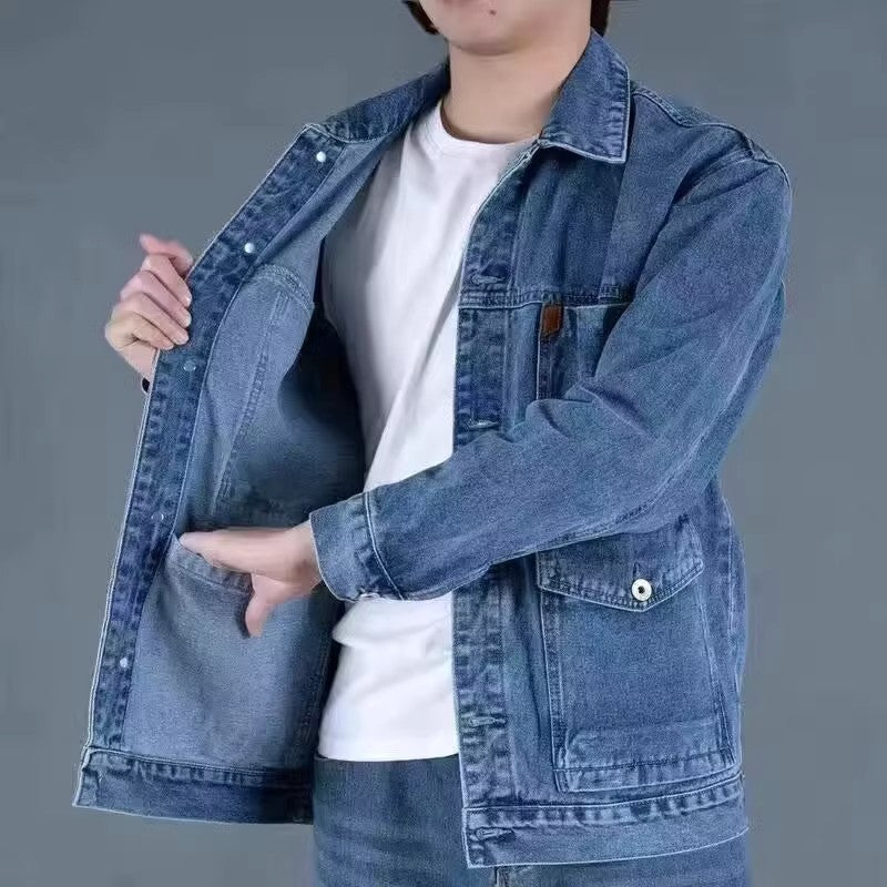American Style Heavyweight Denim Jacket for Men, Autumn Winter, Warm Lined, Thickened, Loose Fit, Casual Outerwear