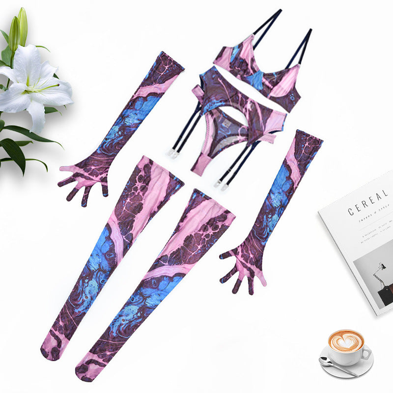 Tie-Dye Colorful Small Bust Gathering Mesh Sexy Lingerie Five-Piece Set for Women