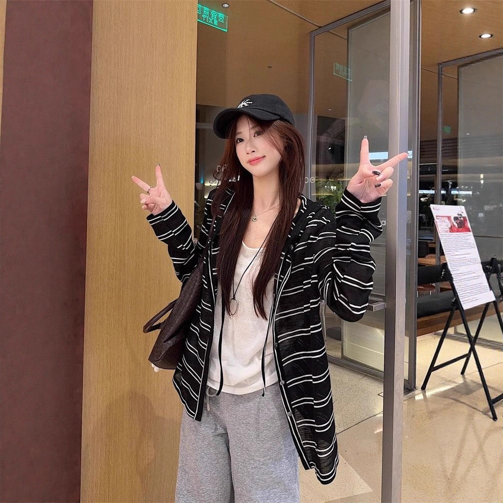 Striped Hooded Jacket for Women, Lightweight Long Sleeve Sun Protection Cardigan, Lazy Style Loose Top