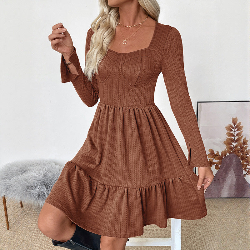 Retro style waist cinching knitted solid color square neck A-line dress