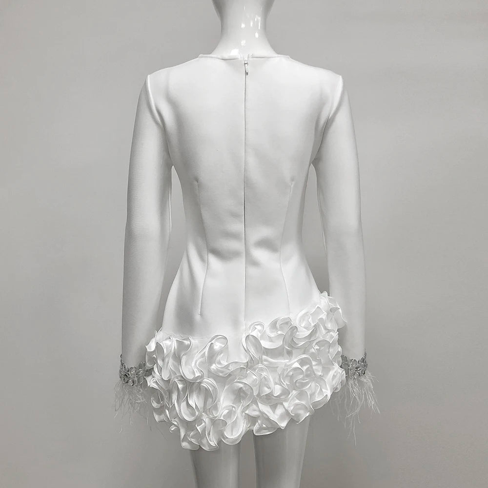 LS2576 Long Sleeve Black Feather Mini Flowers Dress With Crystals Fashion Luxury Women Ladies Bandage Dress