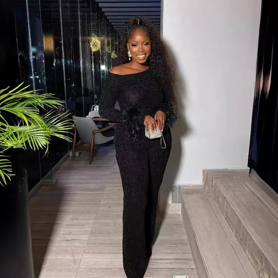 S10688 Sexy Elastic Shiny Slanted Shoulder Feather Long Sleeve Jumpsuit Ladies Elegant Straight Pants Romper Bodysuit