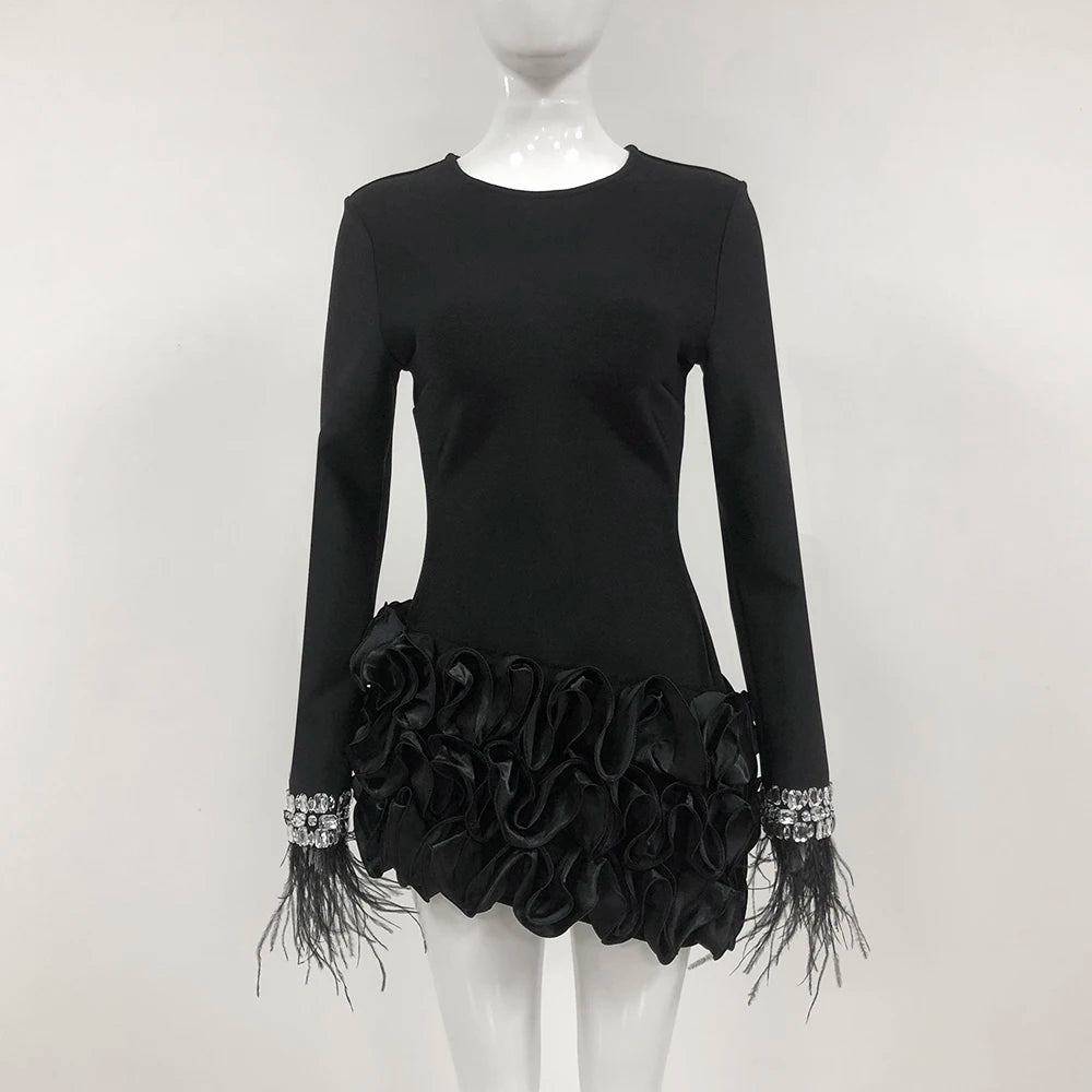 LS2576 Long Sleeve Black Feather Mini Flowers Dress With Crystals Fashion Luxury Women Ladies Bandage Dress