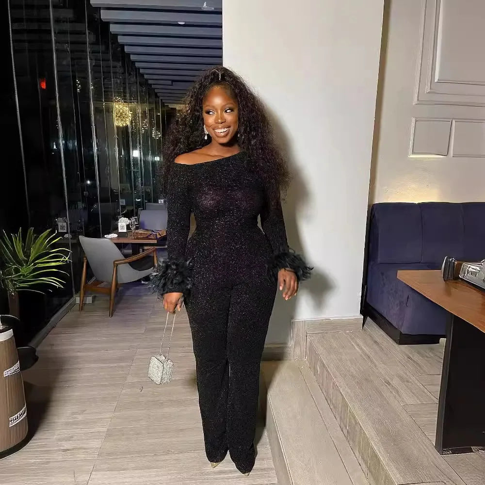 S10688 Sexy Elastic Shiny Slanted Shoulder Feather Long Sleeve Jumpsuit Ladies Elegant Straight Pants Romper Bodysuit