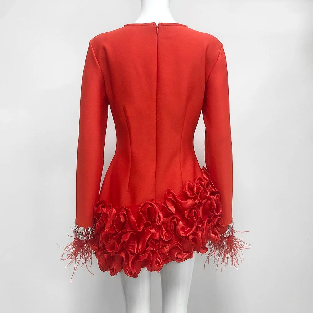 LS2576 Long Sleeve Black Feather Mini Flowers Dress With Crystals Fashion Luxury Women Ladies Bandage Dress