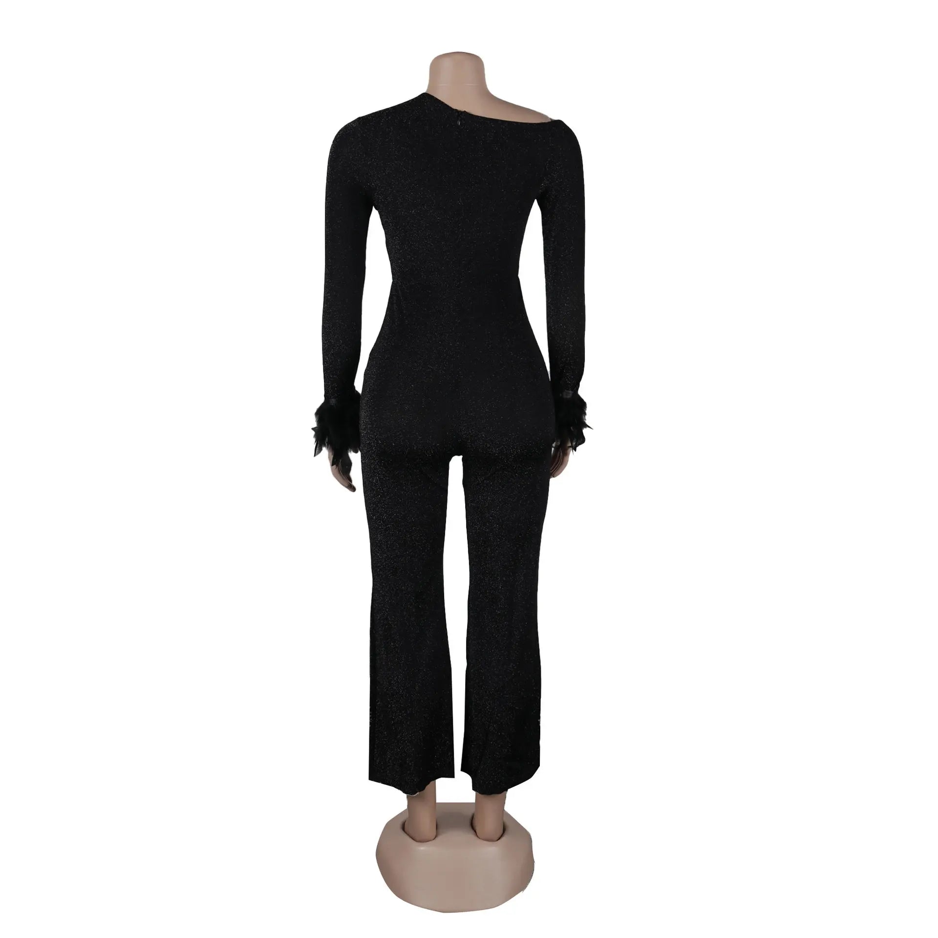 S10688 Sexy Elastic Shiny Slanted Shoulder Feather Long Sleeve Jumpsuit Ladies Elegant Straight Pants Romper Bodysuit