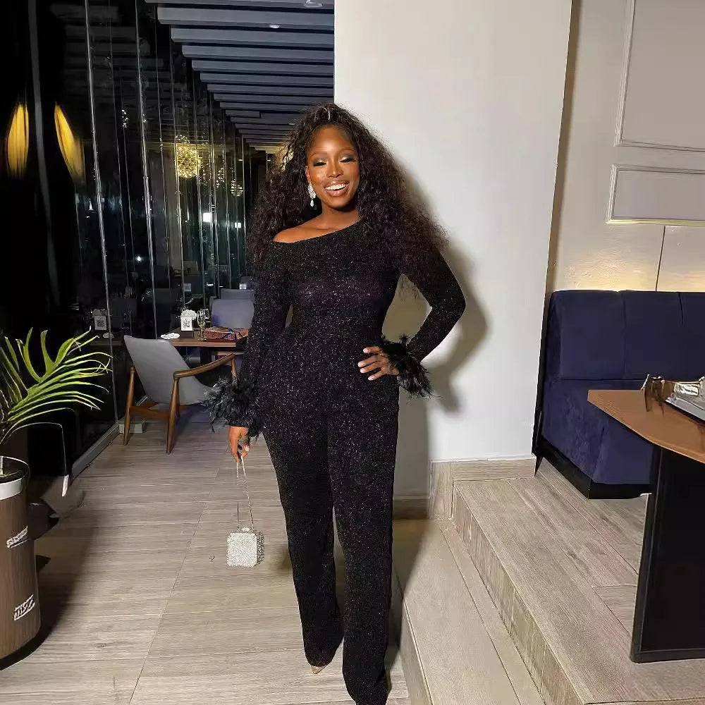 S10688 Sexy Elastic Shiny Slanted Shoulder Feather Long Sleeve Jumpsuit Ladies Elegant Straight Pants Romper Bodysuit