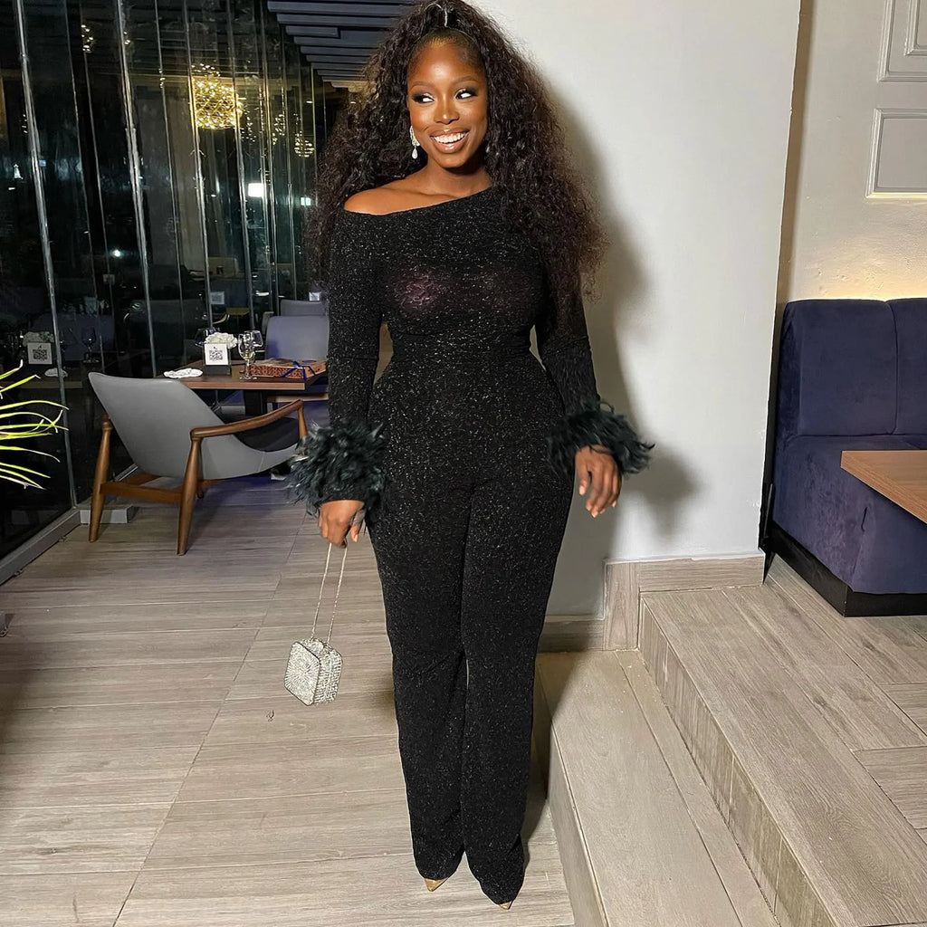 S10688 Sexy Elastic Shiny Slanted Shoulder Feather Long Sleeve Jumpsuit Ladies Elegant Straight Pants Romper Bodysuit