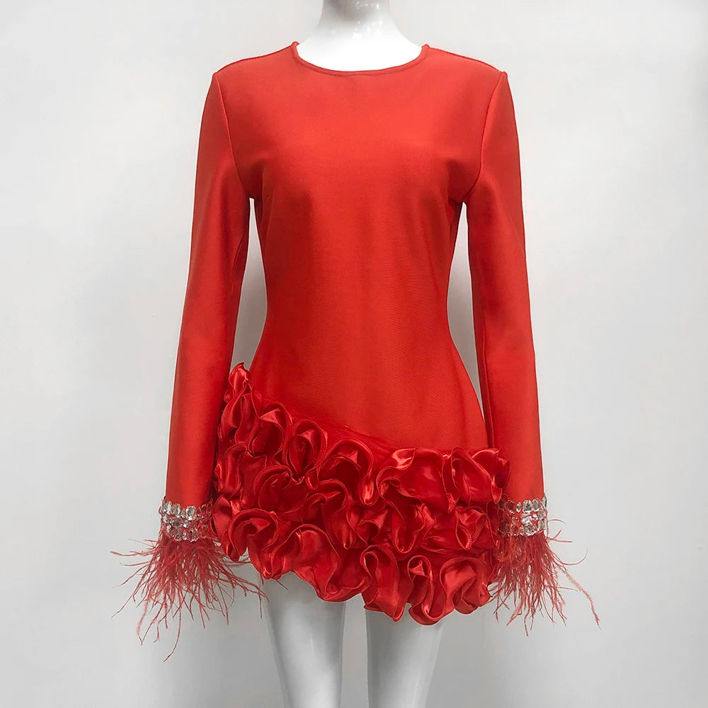 LS2576 Long Sleeve Black Feather Mini Flowers Dress With Crystals Fashion Luxury Women Ladies Bandage Dress