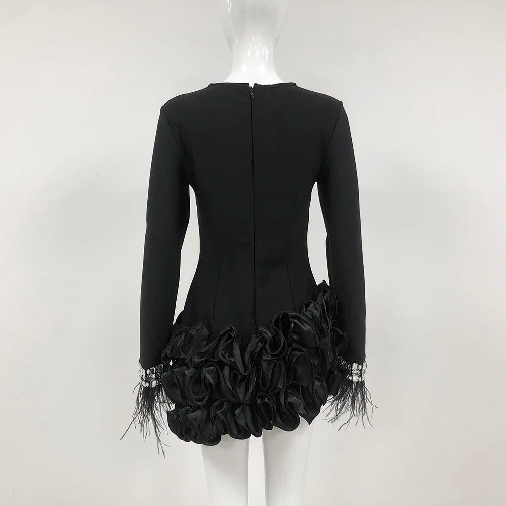 LS2576 Long Sleeve Black Feather Mini Flowers Dress With Crystals Fashion Luxury Women Ladies Bandage Dress