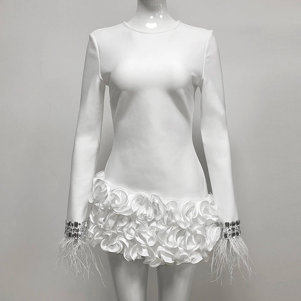 LS2576 Long Sleeve Black Feather Mini Flowers Dress With Crystals Fashion Luxury Women Ladies Bandage Dress