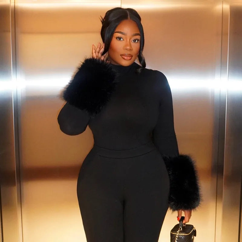 Winter Sexy Outfits for Woman 2 Piece Set Long Sleeve Fur Patchwork Bodysuit and Shorts Sets Female Matching Streetwear 2025 New