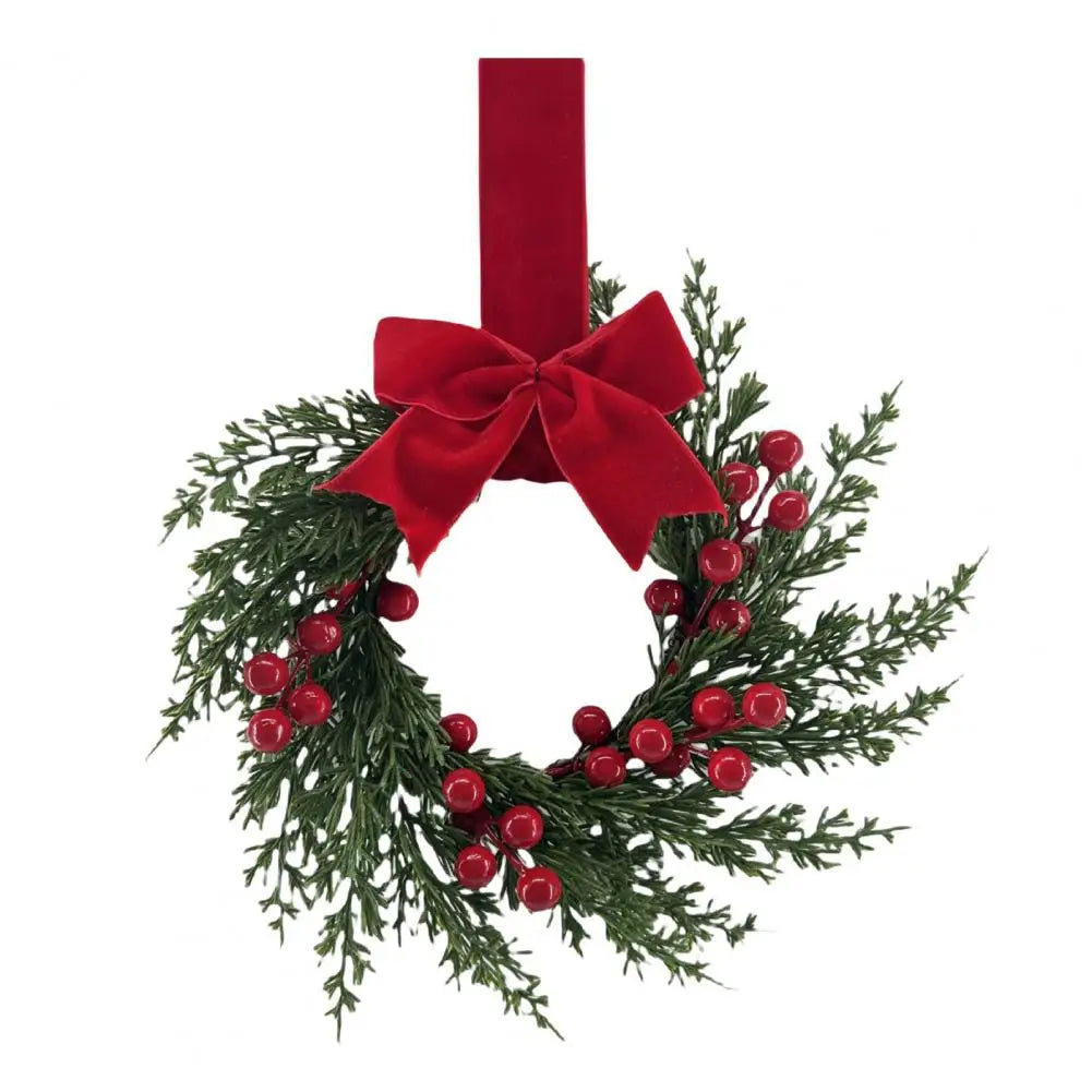 Artificial Christmas Wreath 10 Inch Winter Greenery Wreath with Red Berries And Velvet Bow Front Door Holiday Porch Wall Decor