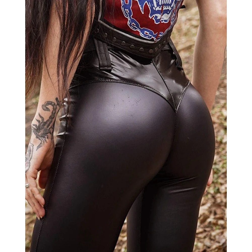 2025 Spring Autumn Women High Waist PU Leather Skinny Push Up Pants Sporty Female Faux Leather Leggings Streetwear Clothing traf