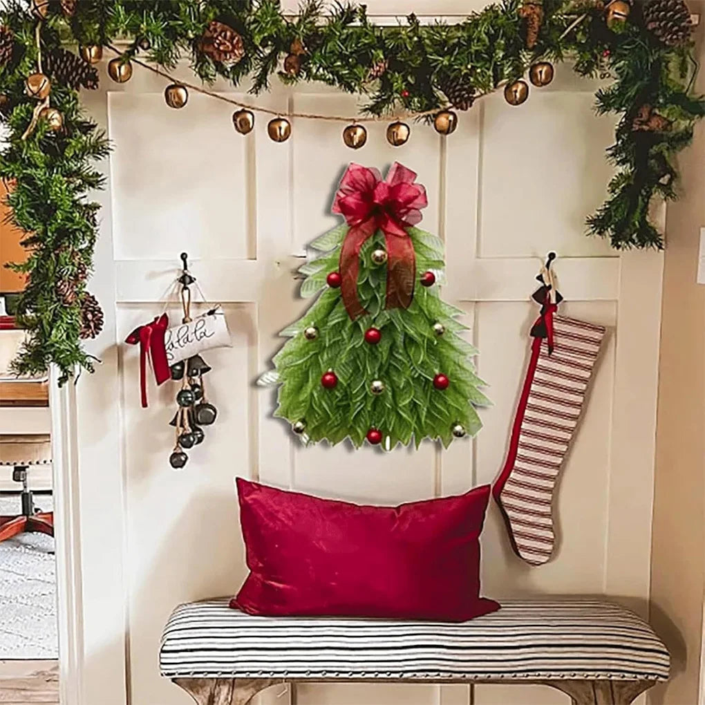 Christmas Tree Wreath for Front Door Hanging Ornament for Garden Room Christmas Tree Wreath With Red Bow Christmas Decor