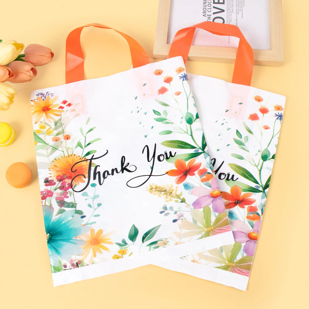 10pcs Thank You Gift Bag with Handles Plastic Floral Design Thank You Tote Bags birthday party packing Bags Wedding Favors Bag