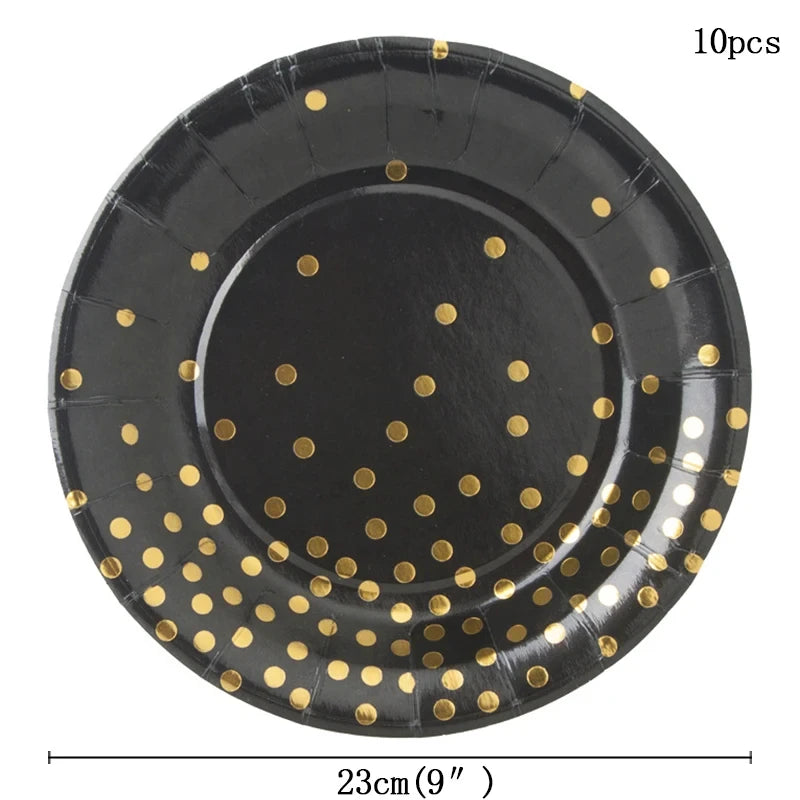 Black and Gold Paper Plates Party Supplies for 10 Guests Disposable Party Decorations Dinnerware Golden Dot Black Paper Plate