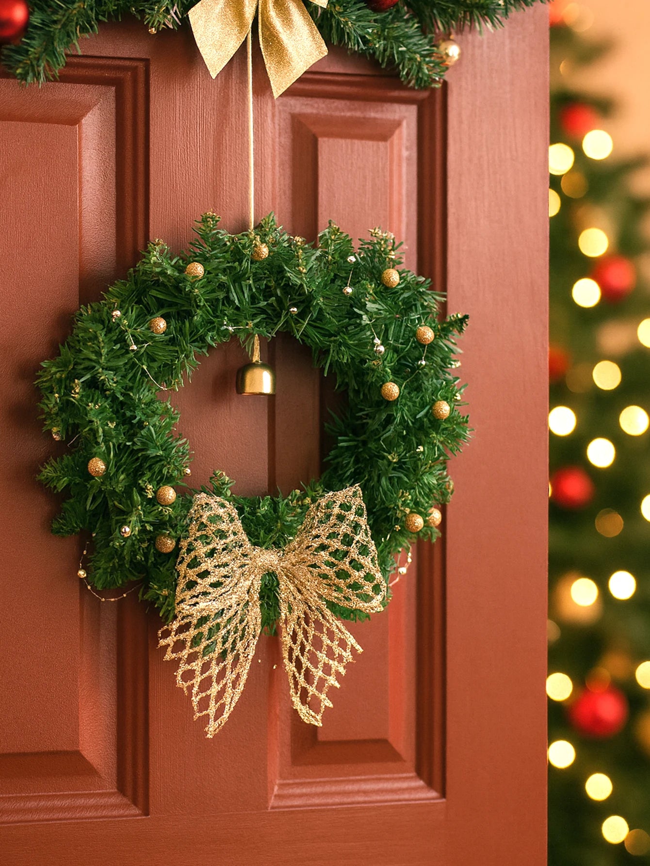Christmas Wreath with Bow & Bell Decor, Artificial Green Wreaths for Front Door, Wall, Xmas Tree & Festive Home Decoration Gift