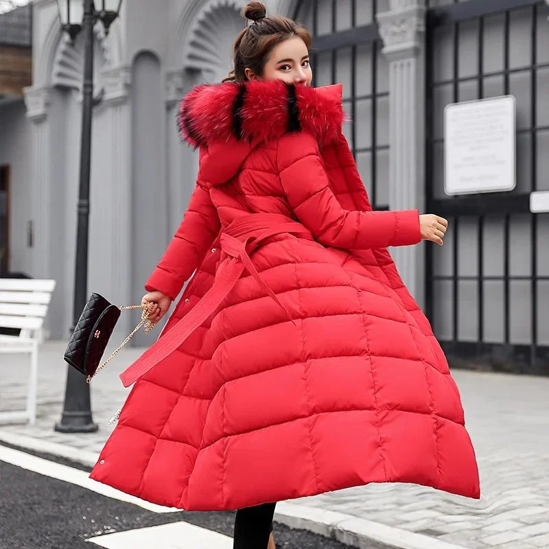 Korean Style Thickened Winter Cotton Jacket Women's Long Coat with Fur Collar Slim Fit Hooded Ladies' Cotton Padded Coat