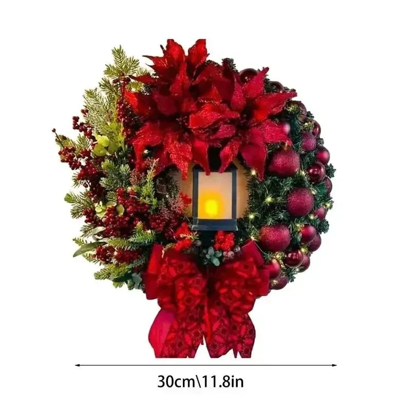 Christmas Wreath with Lamp Bow Ball Big Red Flower Navidad Party Wall Door Window Fireplace Staircase Balcony Garden Wreath 2025