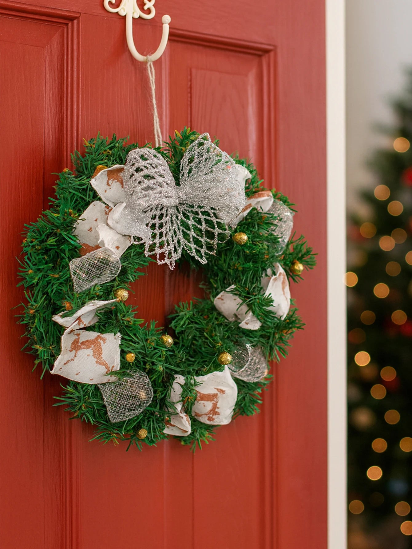 Christmas Wreath with Bow & Bell Decor, Artificial Green Wreaths for Front Door, Wall, Xmas Tree & Festive Home Decoration Gift