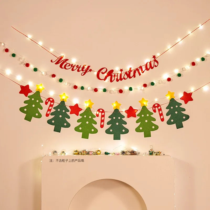 Christmas decorations, tree ornaments, indoor LED lights, pictures, background walls, atmosphere, scenes, decorations and flags.