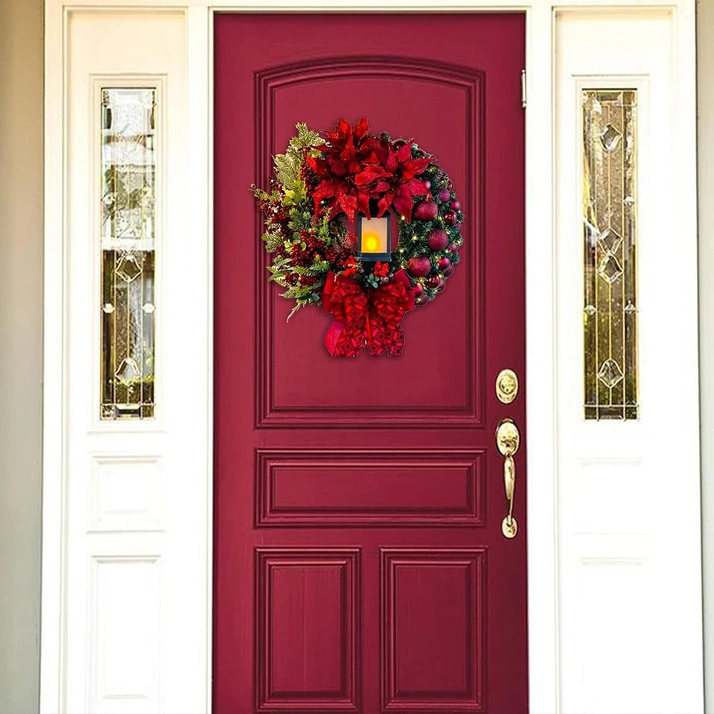 Christmas Wreath with Lamp Bow Ball Big Red Flower Navidad Party Wall Door Window Fireplace Staircase Balcony Garden Wreath 2025