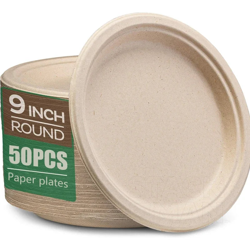 50PCS Circular Paper Plates Are Suitable for Disposable Kitchen Dishes in Restaurants Such As Barbecue Pasta Salad Desserts