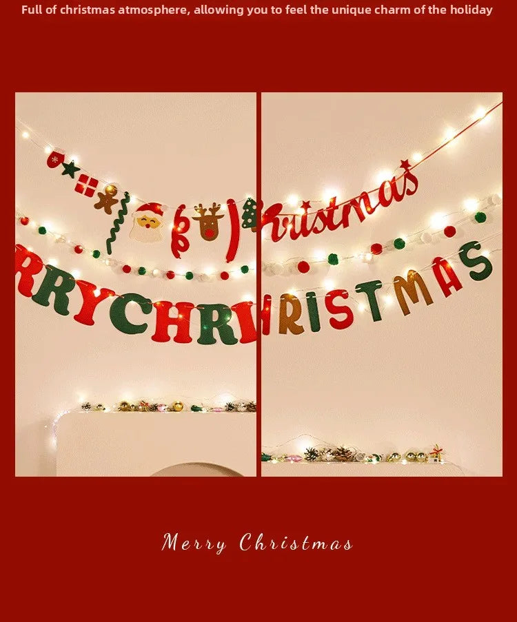 Christmas decorations, tree ornaments, indoor LED lights, pictures, background walls, atmosphere, scenes, decorations and flags.