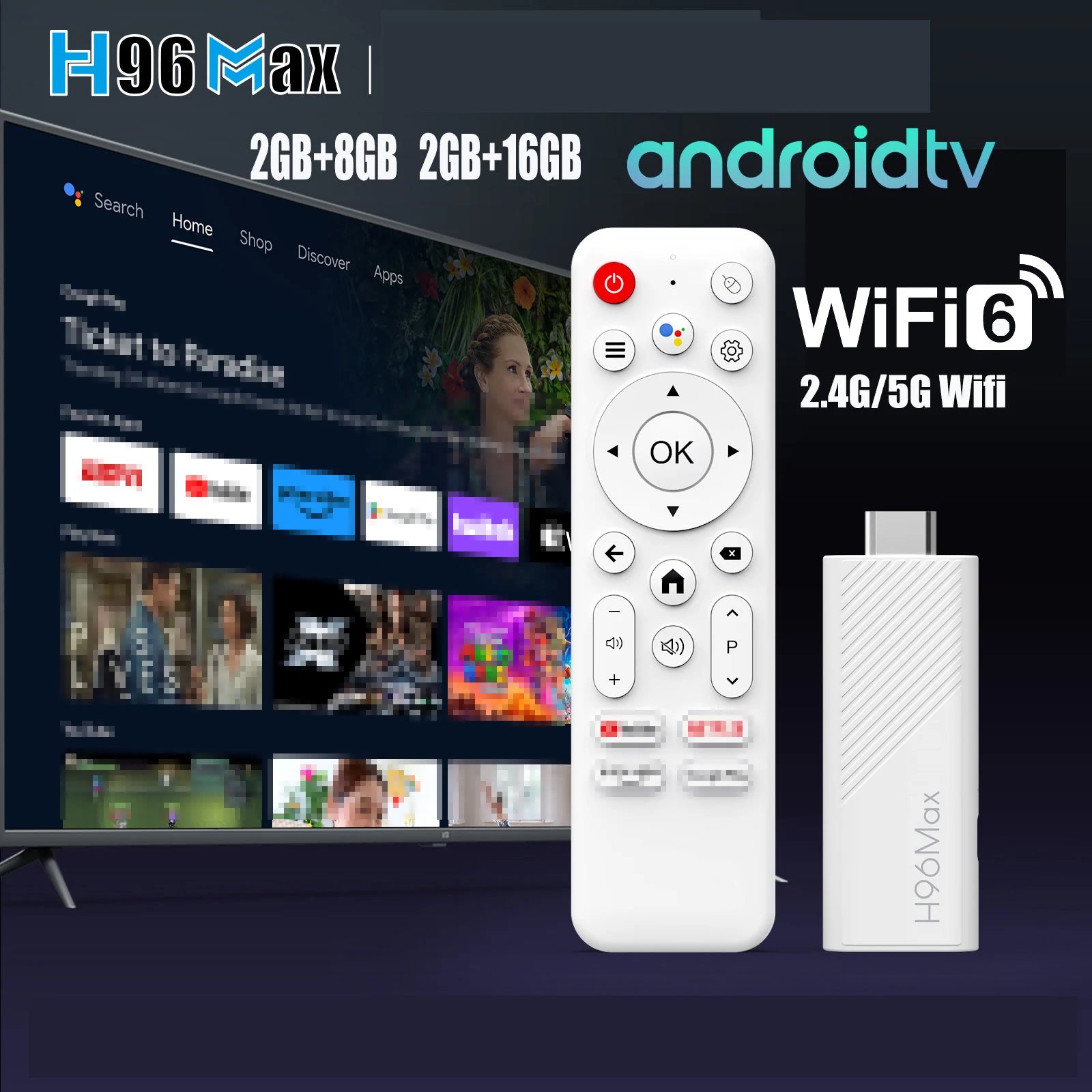 H96 MAX Android TV Stick Allwinner H313 with 2.4G Wifi 5G Wifi6 Dual Brand 8GB 16GB 4K 3D HDR Goole Voice Remote DC 5V 2A