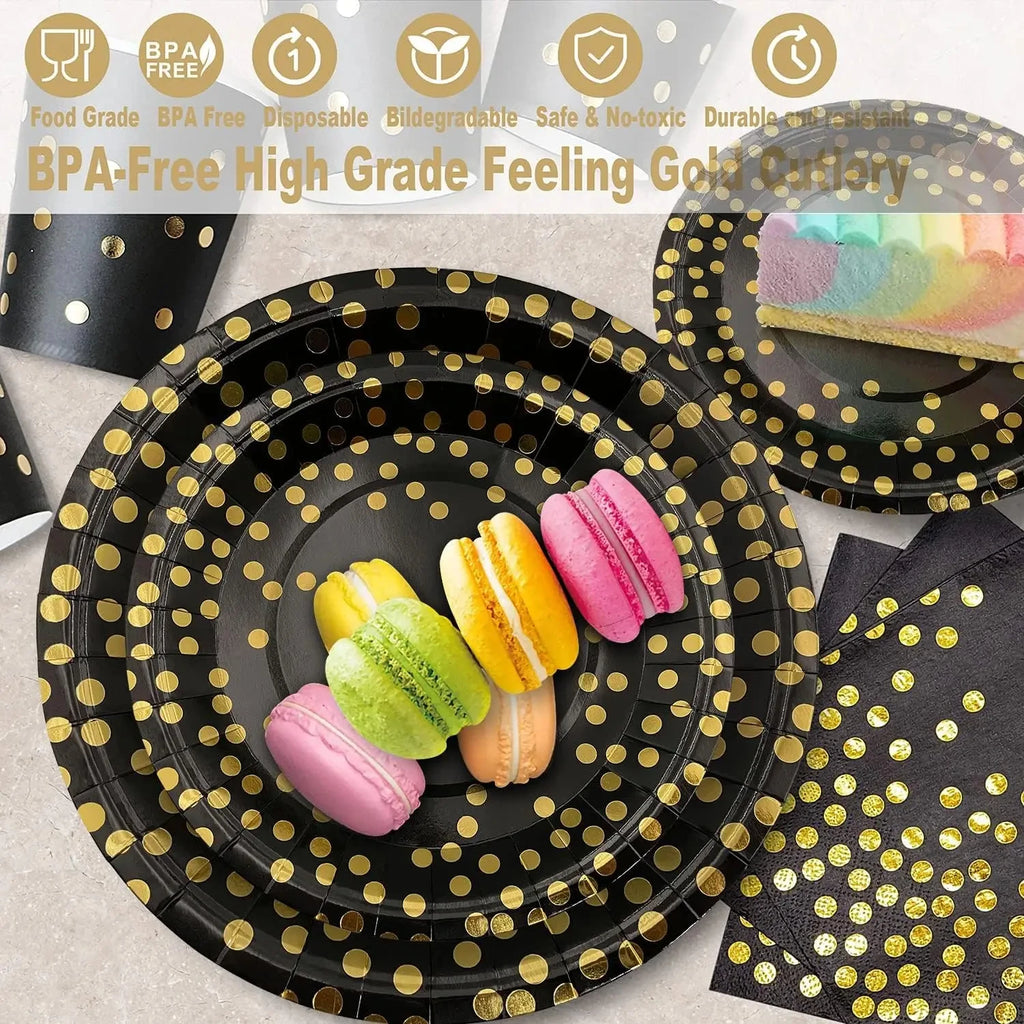Black and Gold Paper Plates Party Supplies for 10 Guests Disposable Party Decorations Dinnerware Golden Dot Black Paper Plate