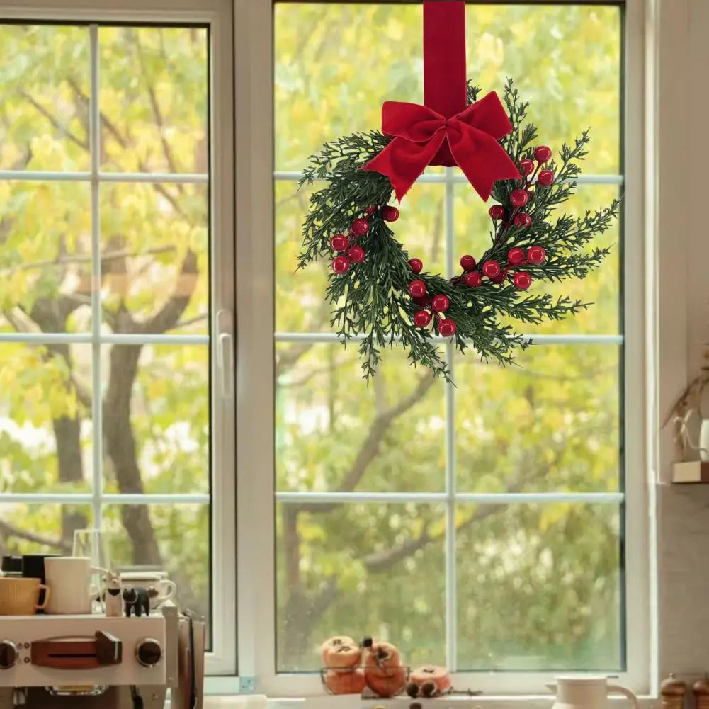 Artificial Christmas Wreath 10 Inch Winter Greenery Wreath with Red Berries And Velvet Bow Front Door Holiday Porch Wall Decor