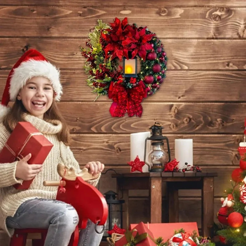 Christmas Wreath with Lamp Bow Ball Big Red Flower Navidad Party Wall Door Window Fireplace Staircase Balcony Garden Wreath 2025