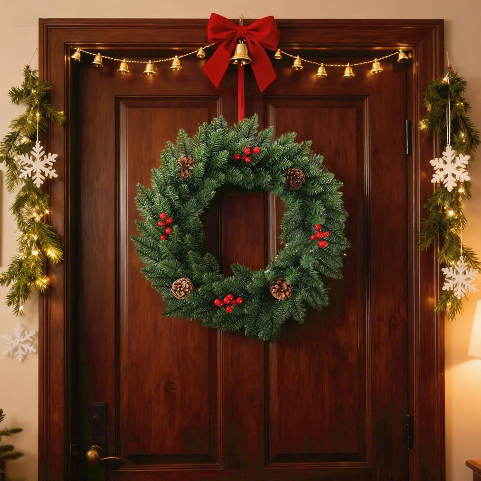 Christmas Wreath With Light Front Door Wreath Wall Decoration Christmas Layout Props Artificial Wreath With Red Berry Garland