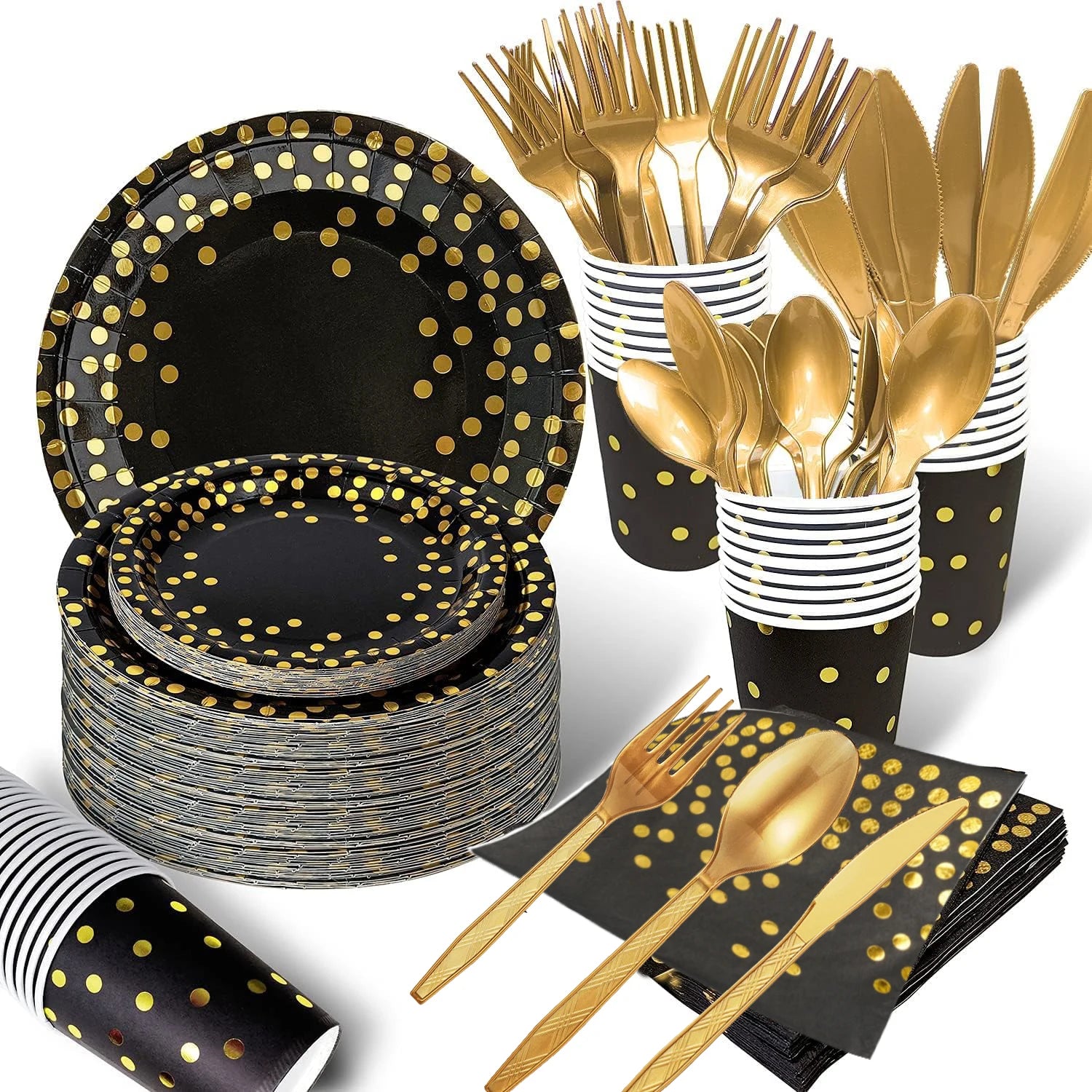 Black and Gold Paper Plates Party Supplies for 10 Guests Disposable Party Decorations Dinnerware Golden Dot Black Paper Plate