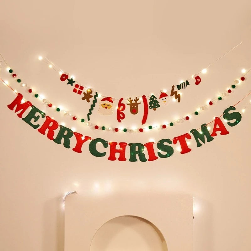 Christmas decorations, tree ornaments, indoor LED lights, pictures, background walls, atmosphere, scenes, decorations and flags.