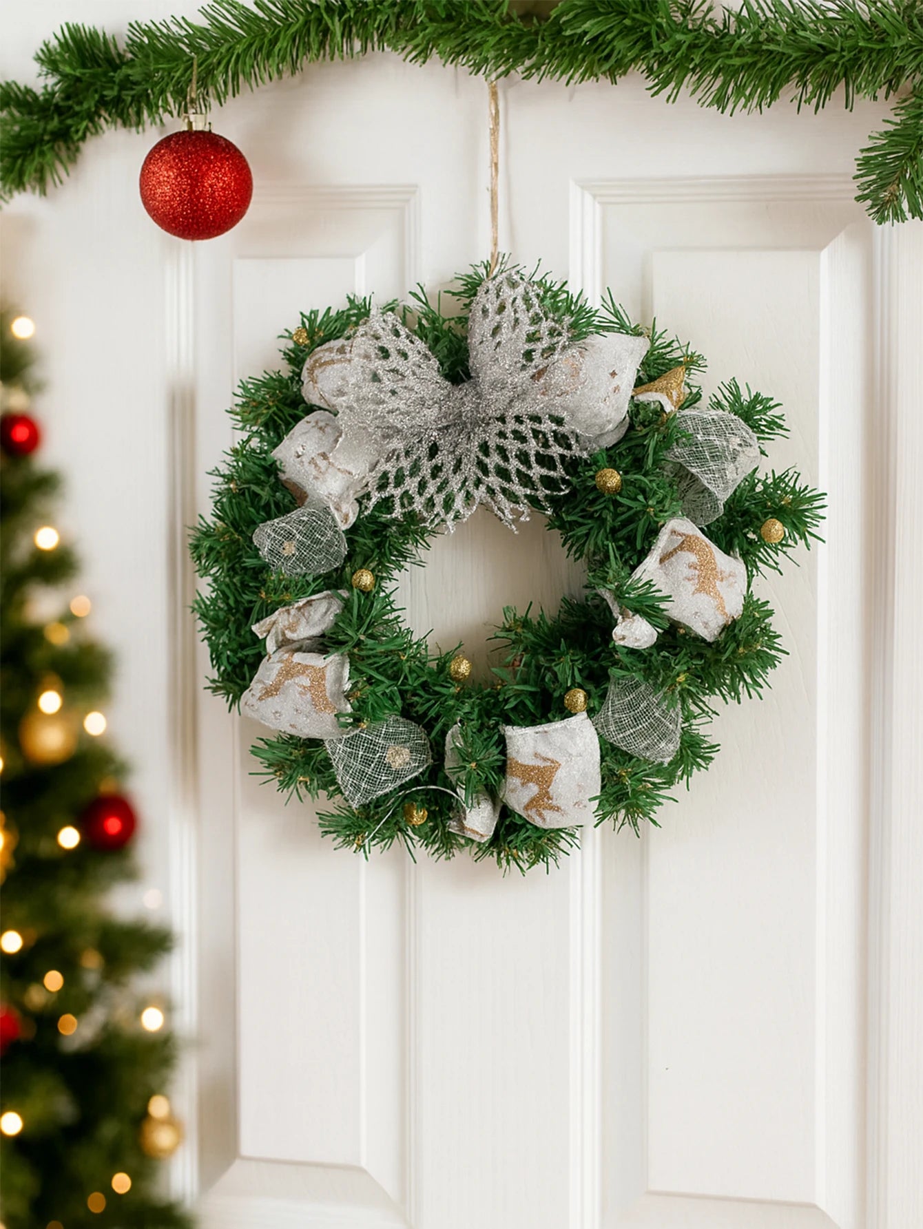 Christmas Wreath with Bow & Bell Decor, Artificial Green Wreaths for Front Door, Wall, Xmas Tree & Festive Home Decoration Gift