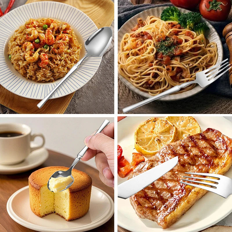 20/30pcs stainless steel advanced silver tableware set, including knife and spork, suitable for kitchen and restaurant.