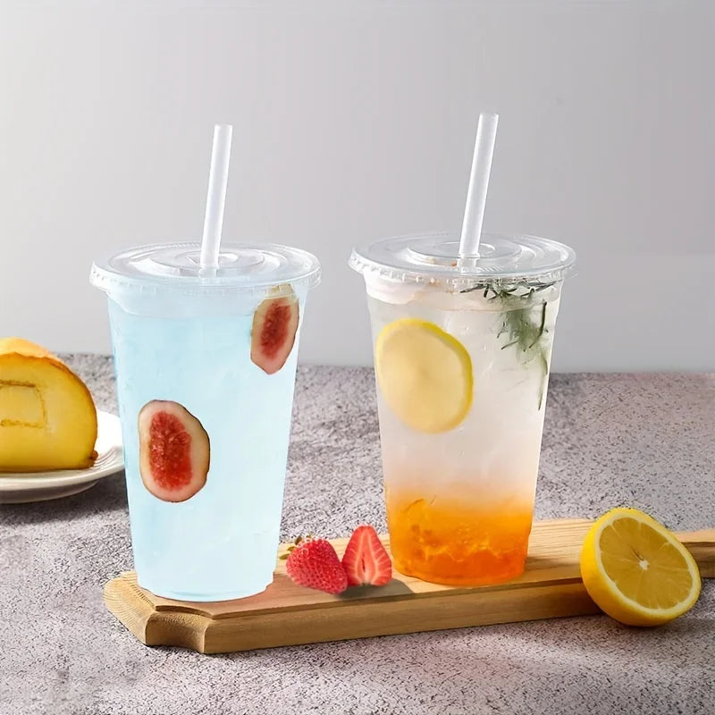 50pcs/Set 12/16OZ Plastic Cups With Lids Disposable Cups For Iced Coffee Smoothie Milkshake Cold Drinks Birthday Party Supplies