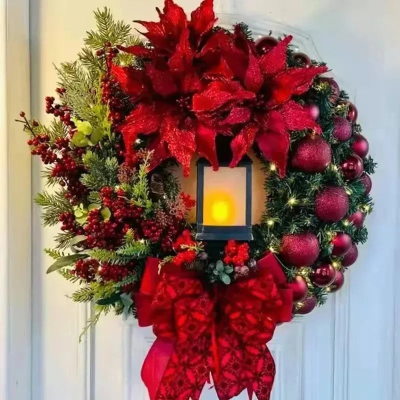 Christmas Wreath with Lamp Bow Ball Big Red Flower Navidad Party Wall Door Window Fireplace Staircase Balcony Garden Wreath 2025