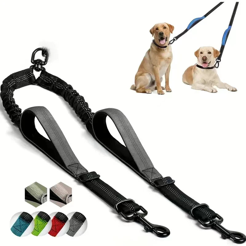 Dual Dog Leash Coupler - Comfort Padded Handles, No-Tangle, No-Pull Bungee Leash - 360° Swivel, Reflective, Shock Absorbing - Pe
