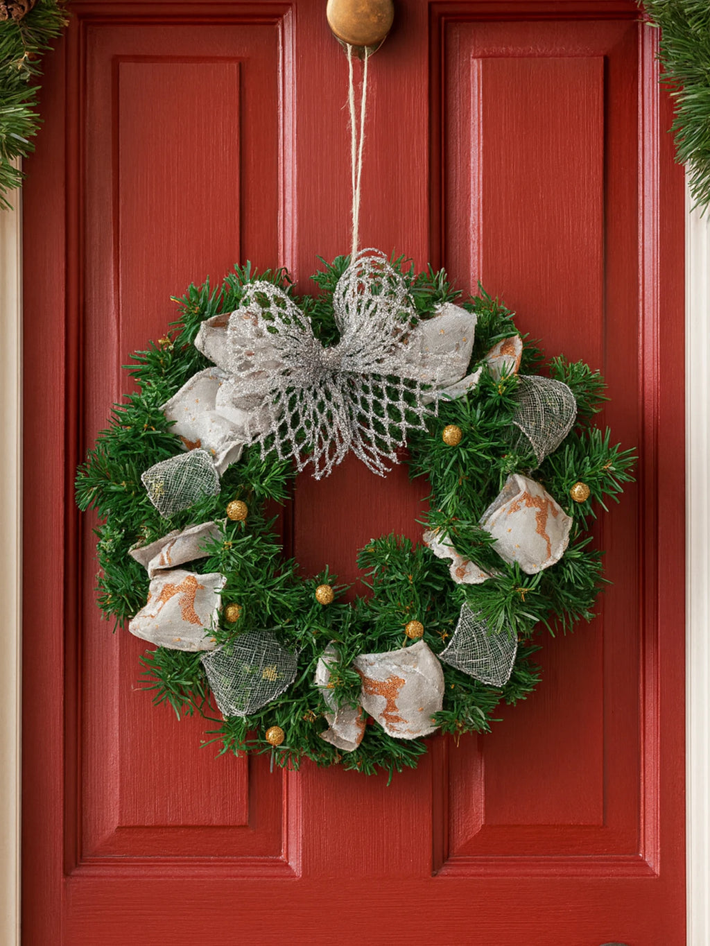 Christmas Wreath with Bow & Bell Decor, Artificial Green Wreaths for Front Door, Wall, Xmas Tree & Festive Home Decoration Gift